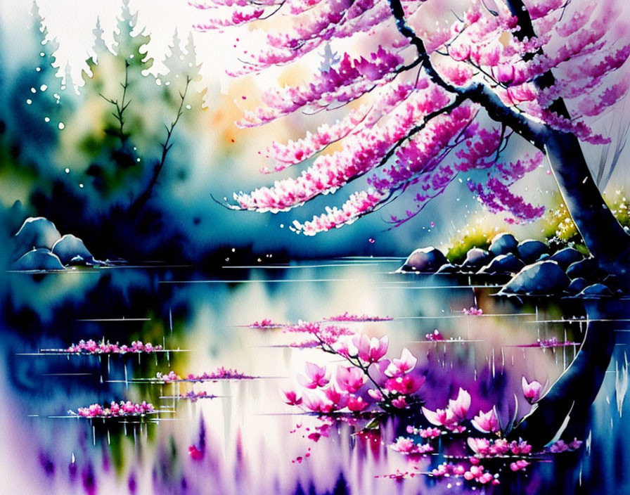 Colorful painting: Serene lake, pink trees, misty forest