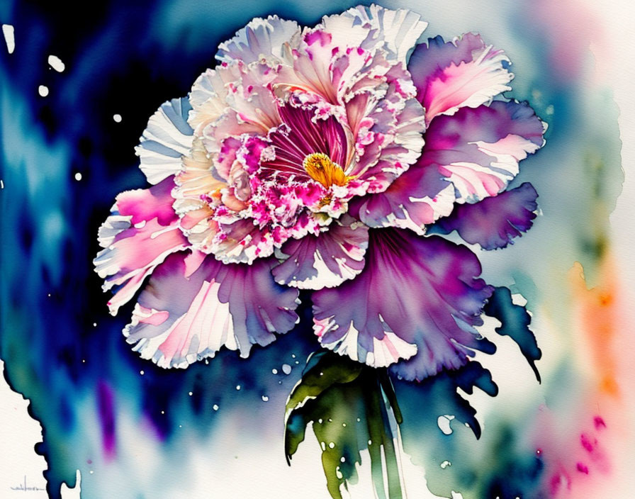 Colorful watercolor painting of pink and purple peony with yellow center and delicate petals against blurred backdrop