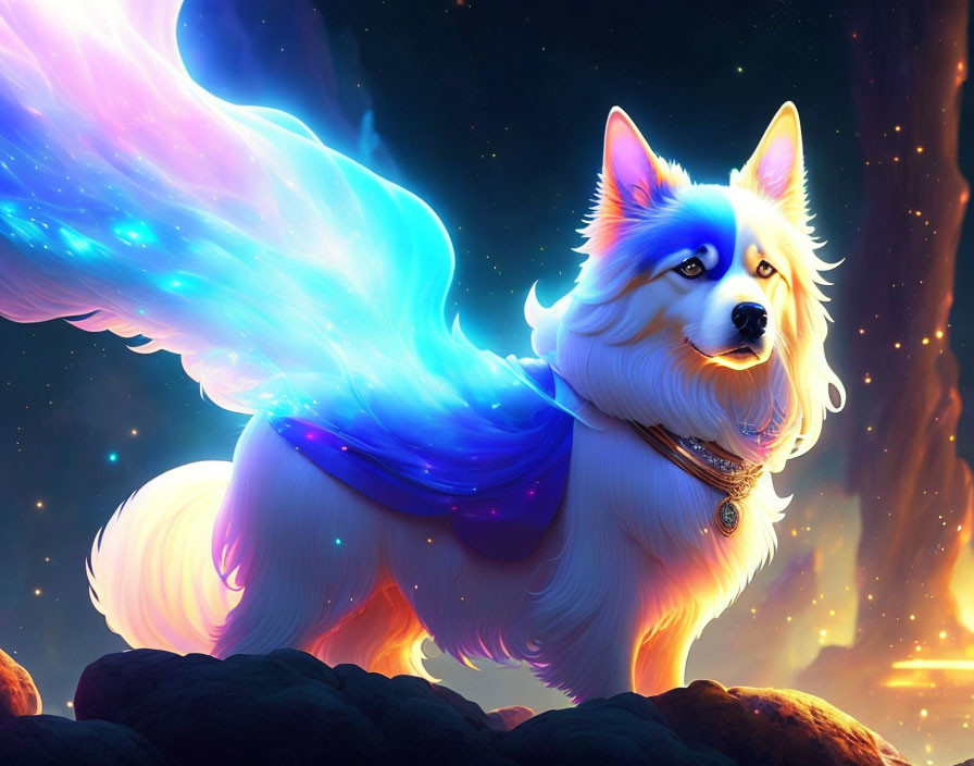 Majestic dog with luminous tail in cosmic setting