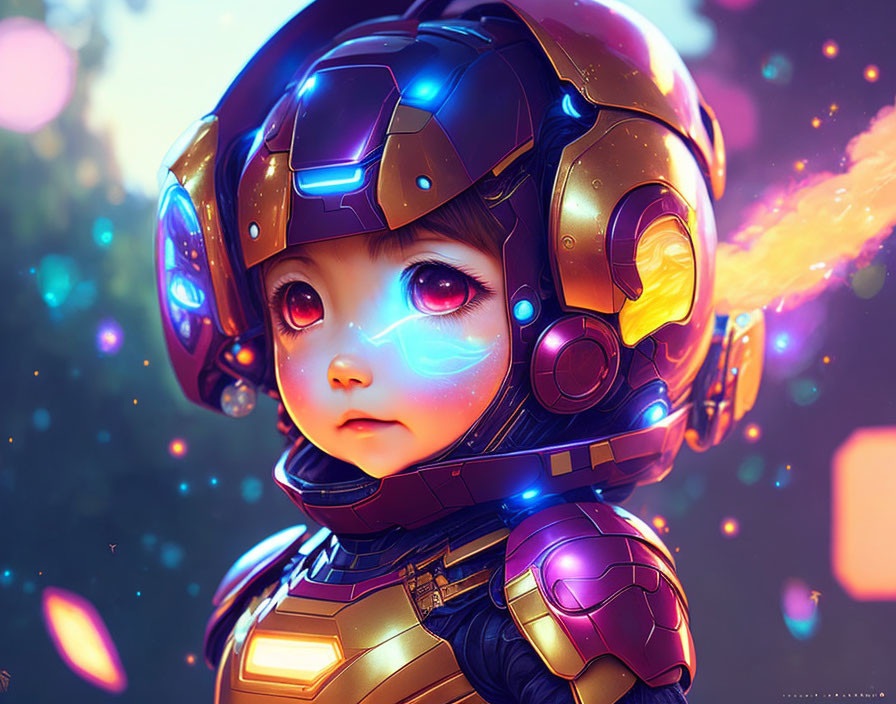 Child in futuristic space helmet with expressive eyes in digital artwork