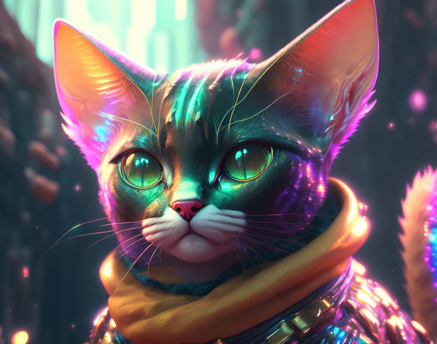 Colorful Cat with Glowing Green Eyes and Neon Whiskers