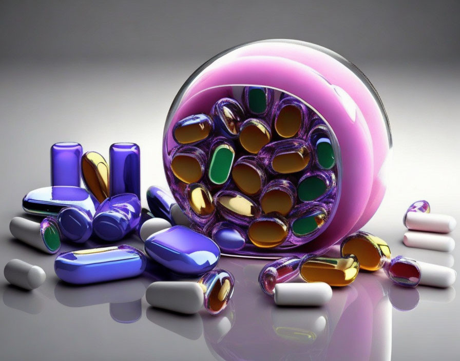 Colorful Capsules Spilling from Purple Container on Reflective Surface