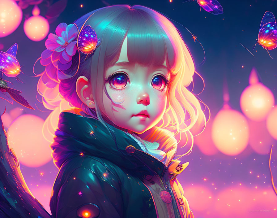 Stylized illustration of young girl with expressive eyes in twilight scene