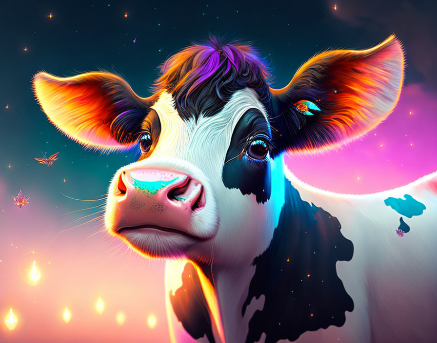 Colorful cow illustration under starry sunset sky with lanterns and butterfly