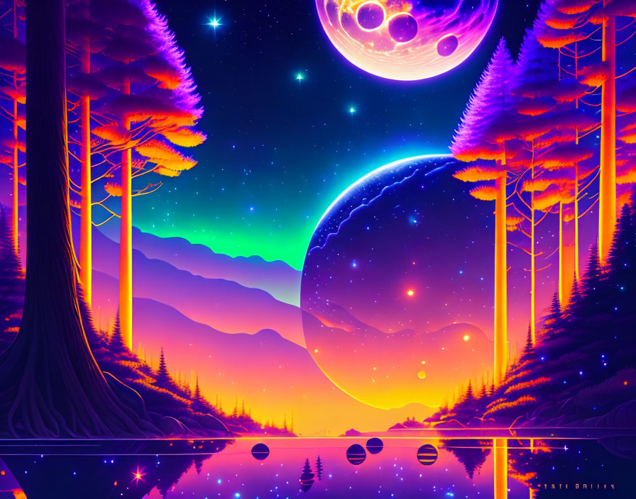 Surreal neon-lit landscape with oversized moons and starry sky