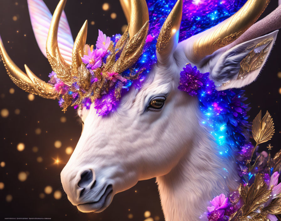 White Unicorn with Golden Horn and Floral Accents on Starry Background