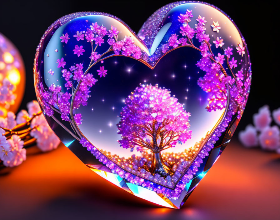 Digital artwork: Heart-shaped frame with cherry blossom tree and glowing particles