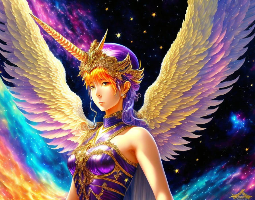 Golden-winged figure in cosmic armor with horned helmet and mystical aura