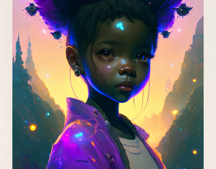 Stylized portrait of young girl with glowing blue eyes and purple orbs in mystical setting