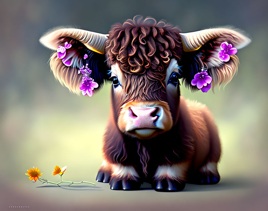 Illustration of fluffy brown calf with flowers, sitting by fallen flower