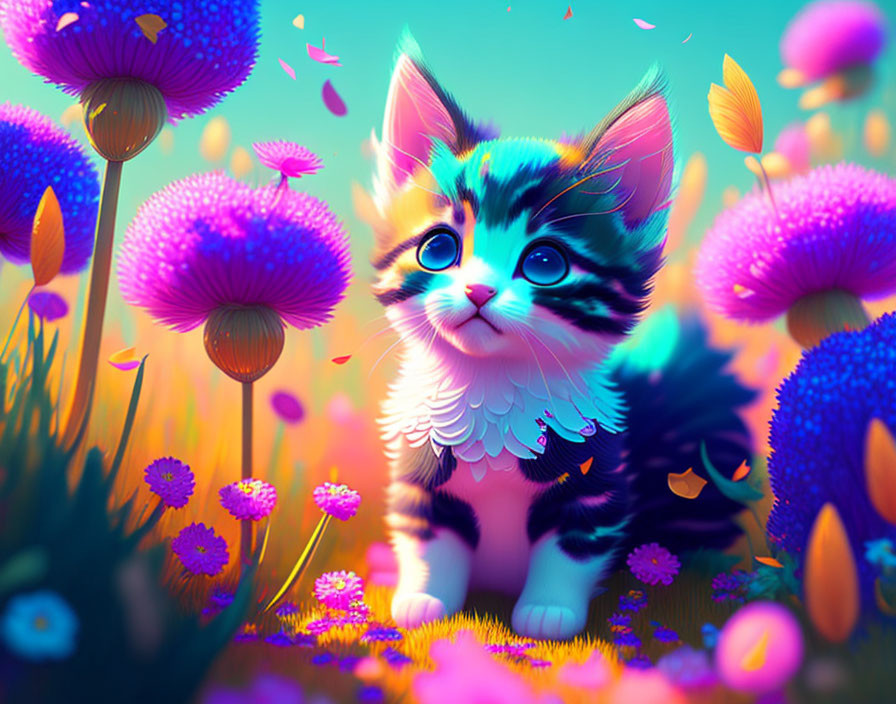 Colorful kitten surrounded by stylized flowers and petals in fantasy scene