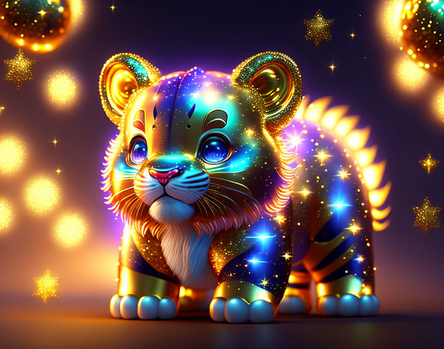 Vibrant neon digital illustration of a stylized tiger cub