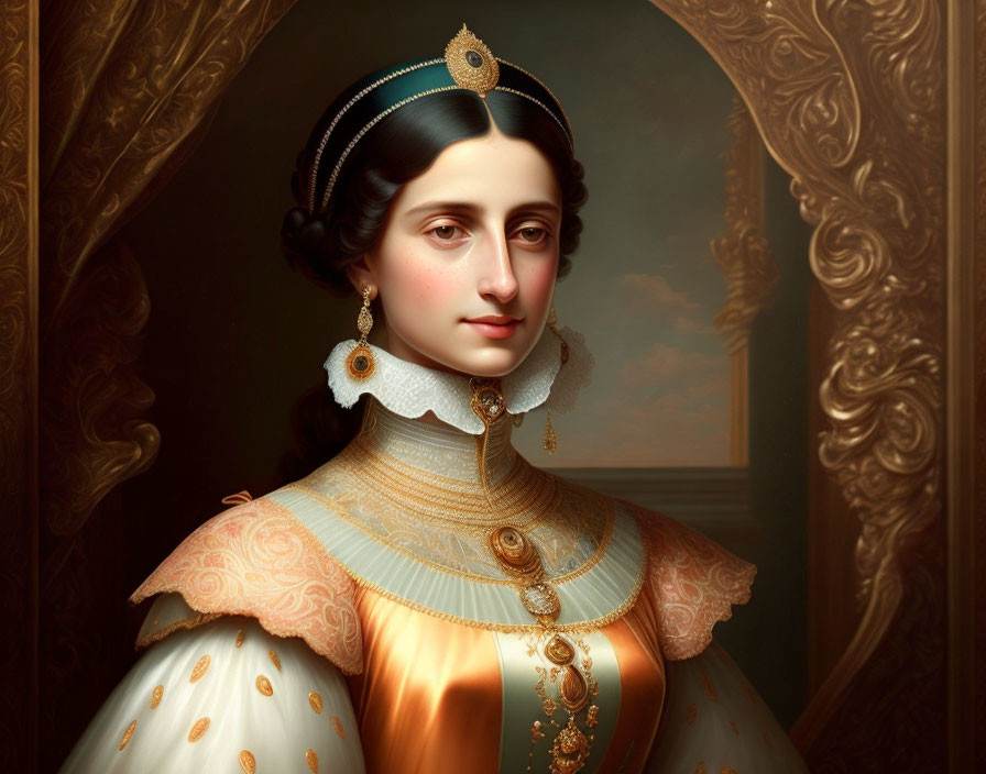 Regal woman portrait in ornate attire and jeweled headpiece.