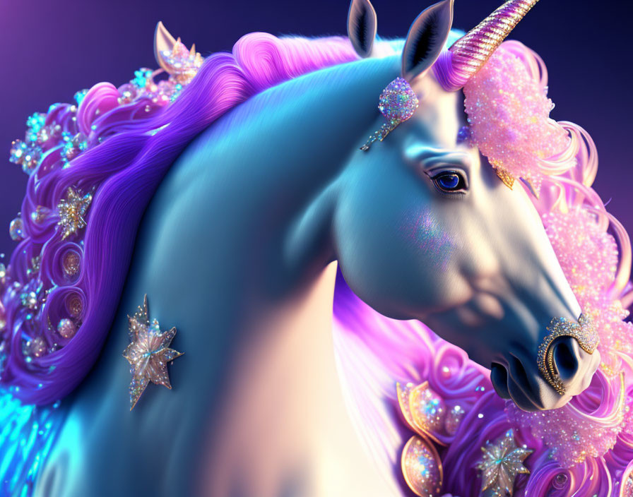 Fantastical unicorn with shimmering horn and jewels on purple backdrop