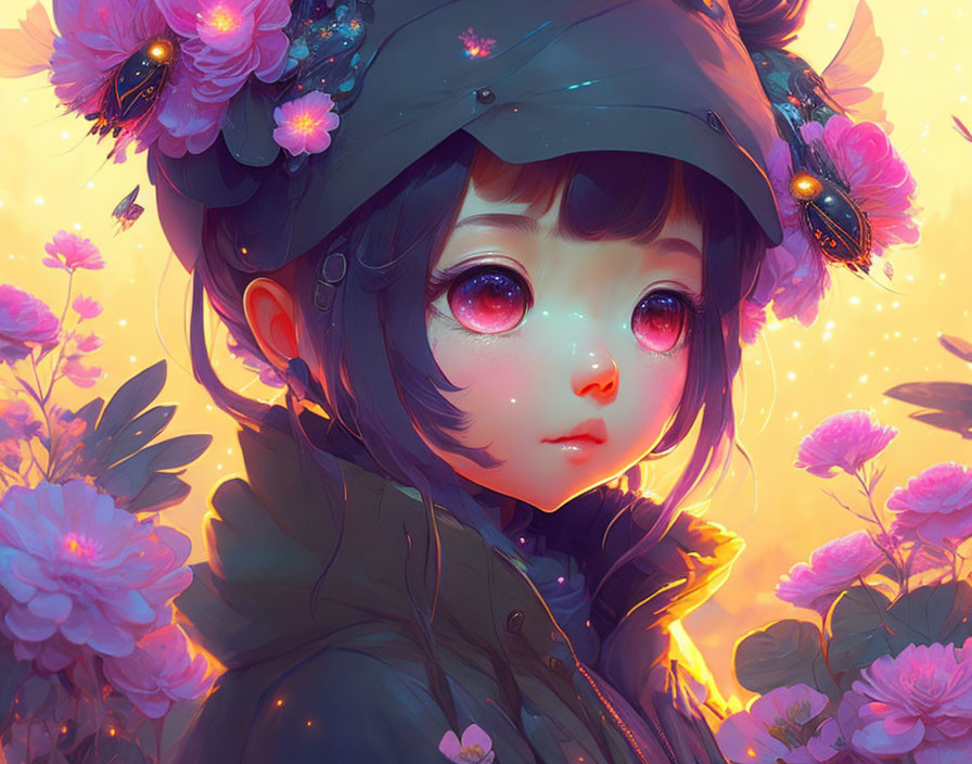 Girl with Sparkling Eyes Surrounded by Pink Flowers and Floral Hat