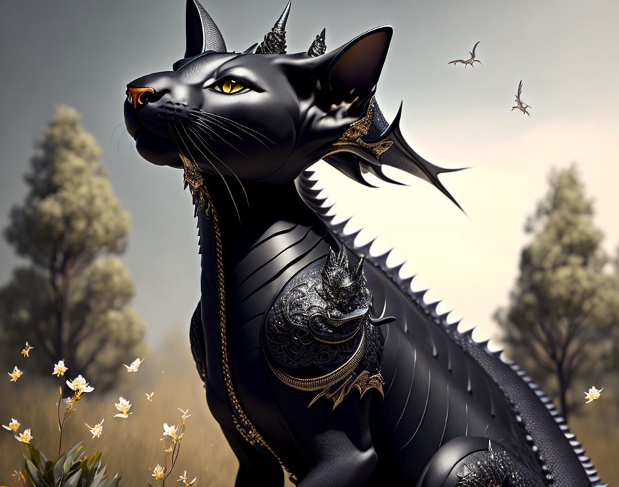 Stylized black feline in intricate armor against forest backdrop