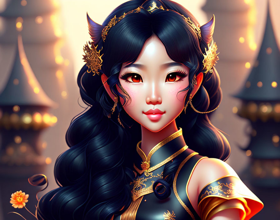 Fantasy-inspired woman with black hair and golden ornaments in glowing lantern setting.