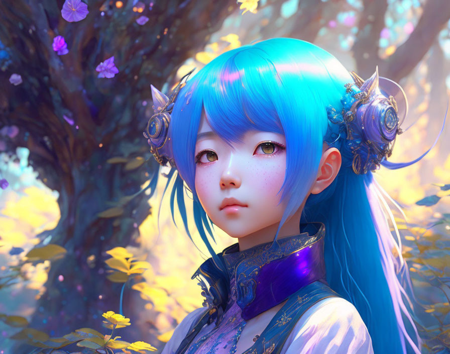 Vibrant blue-haired young girl with ornate accessories in whimsical purple flower backdrop