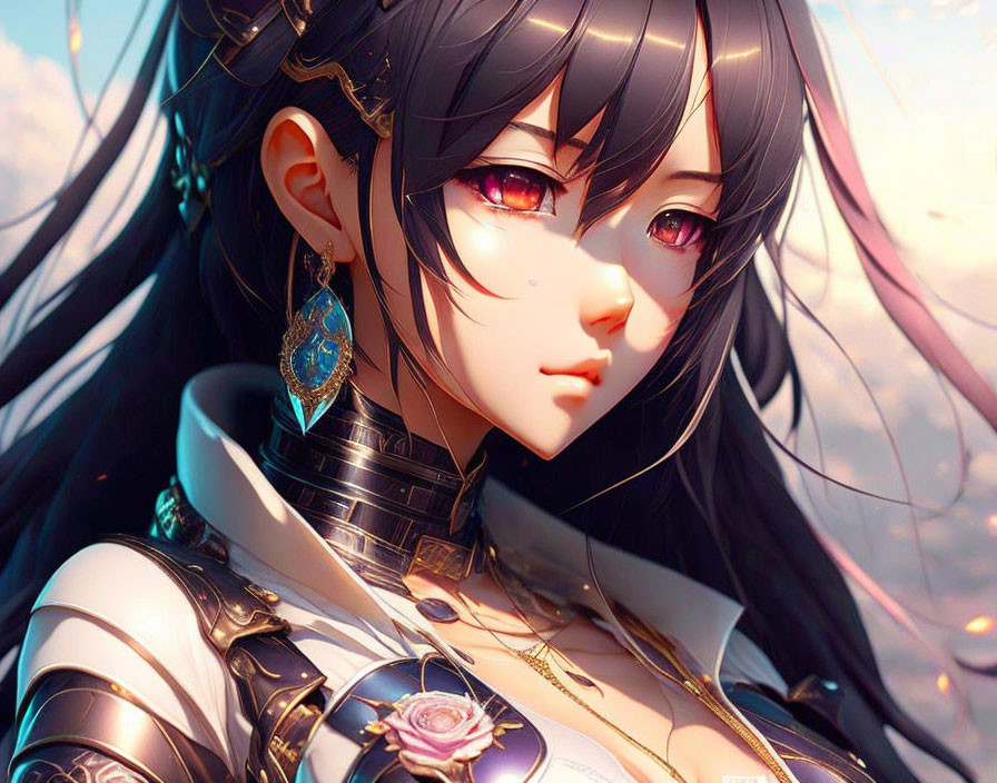 Dark-Haired Animated Character in Golden Armor with Pink Eyes