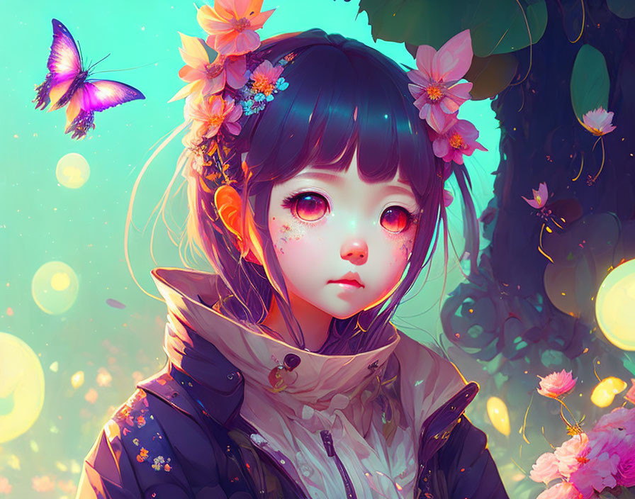 Girl with Large Eyes, Flowers, Butterflies on Teal Background