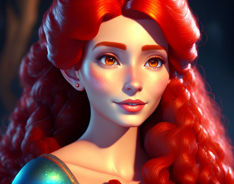 Detailed 3D Illustration of Woman with Red Curly Hair and Amber Eyes