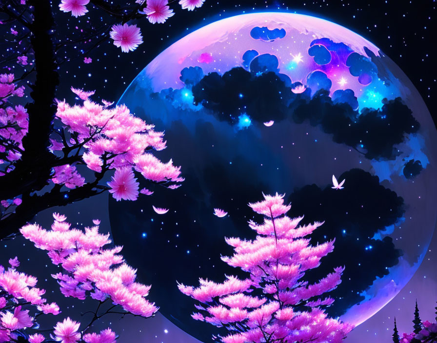 Fantasy image: Pink cherry blossoms, large purple and blue moon, scattered stars