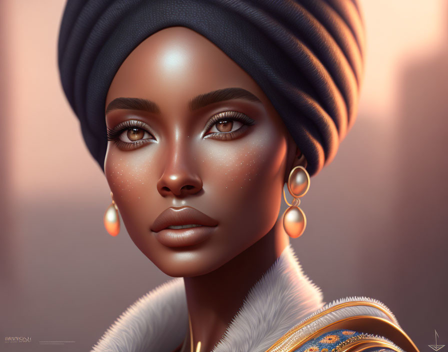 Digital portrait of woman with head wrap, glowing skin, freckles, and large earrings on warm