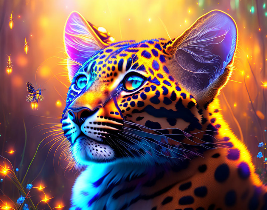 Colorful Leopard Artwork in Enchanted Forest with Glowing Spots