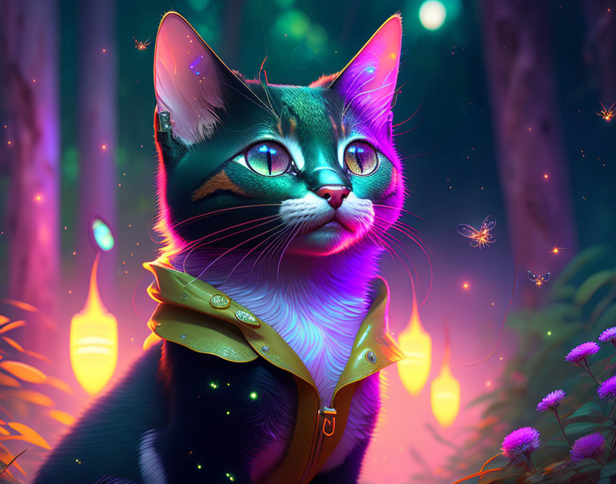 Colorful Cat Illustration in Futuristic Forest Setting