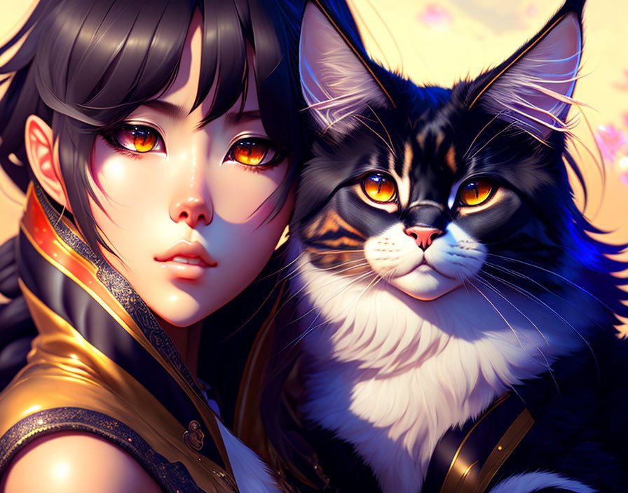 Stylized digital artwork of young woman and cat with striking eyes