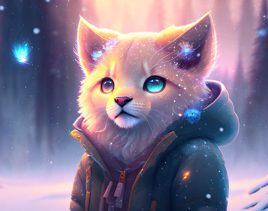 Glowing blue-eyed kitten in hooded jacket amid snowflakes and butterflies under purple sky