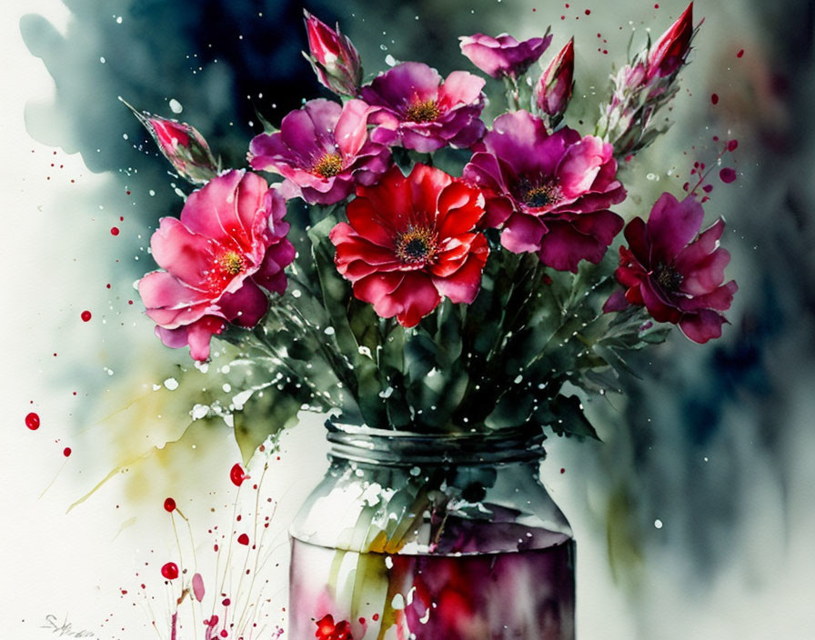 Colorful Watercolor Painting of Crimson and Pink Flowers in Clear Jar