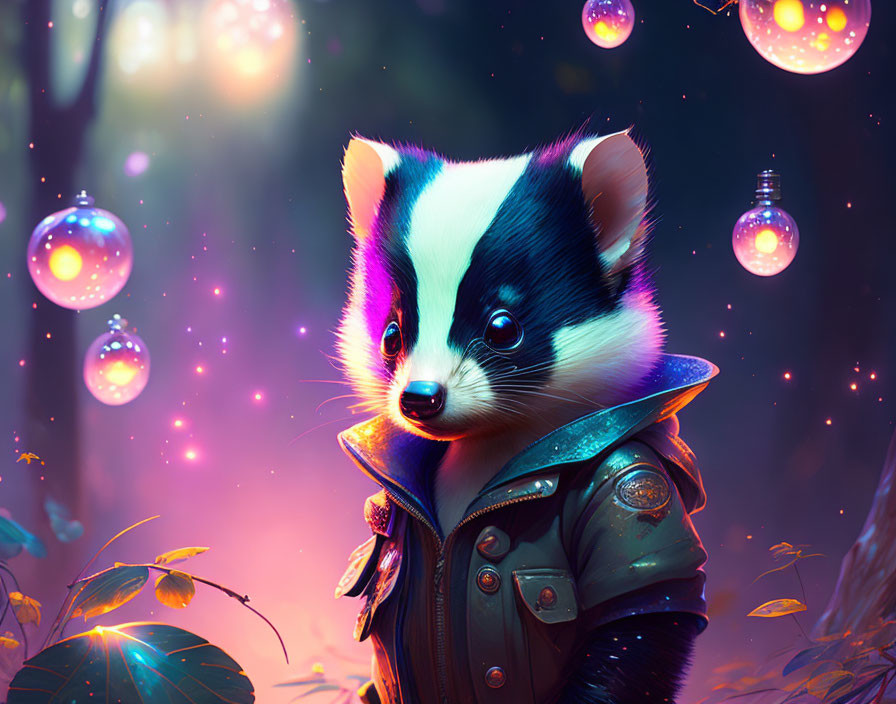 Colorful Forest Scene: Badger in Leather Jacket with Glowing Orbs