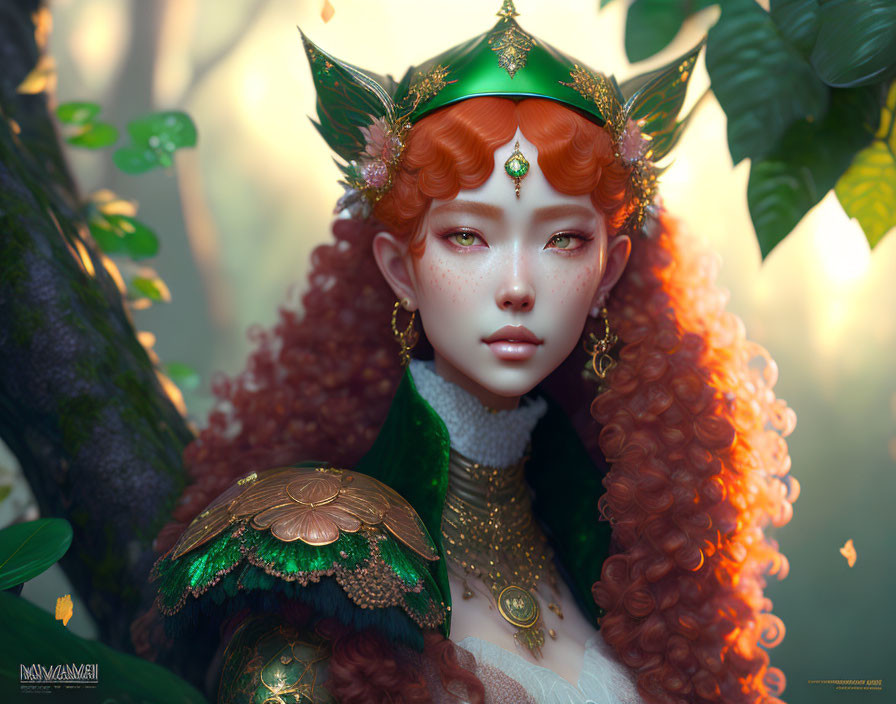 Fantasy female character with curly red hair and green eyes in green and gold outfit.