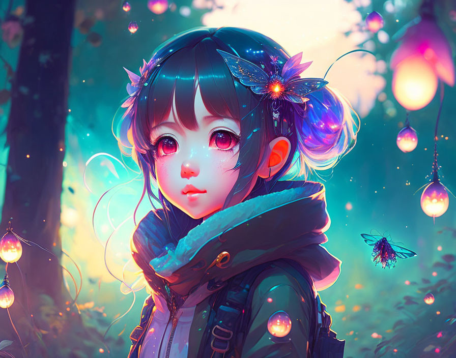 Anime-style illustration: Girl with red eyes, multicolored hair, flowers, enchanted forest.