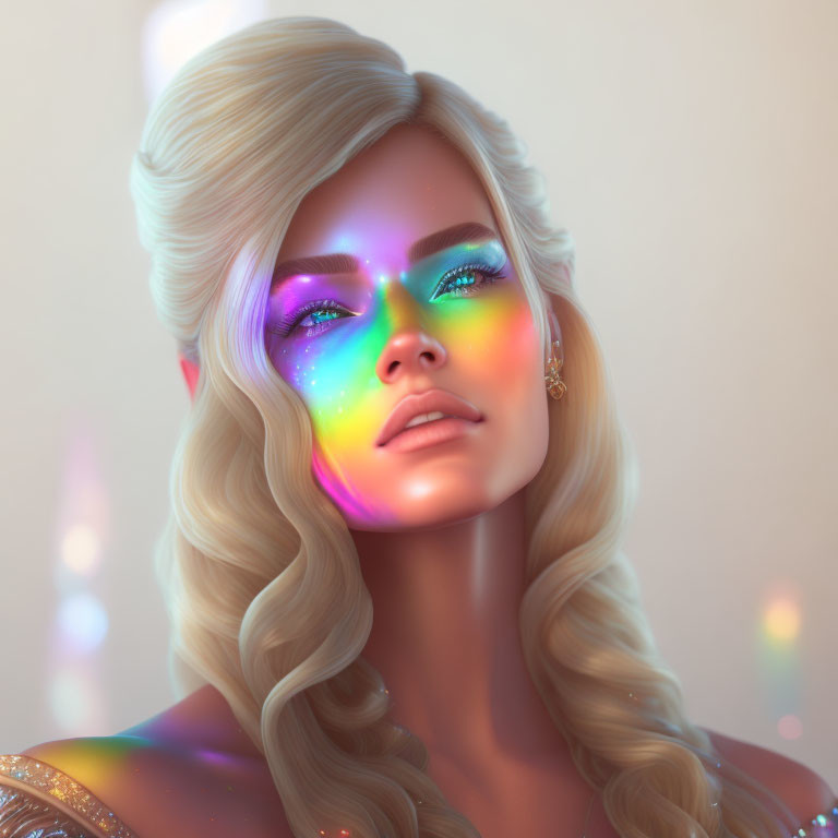 Blond-Haired Woman in Digital Portrait with Rainbow Light Reflections