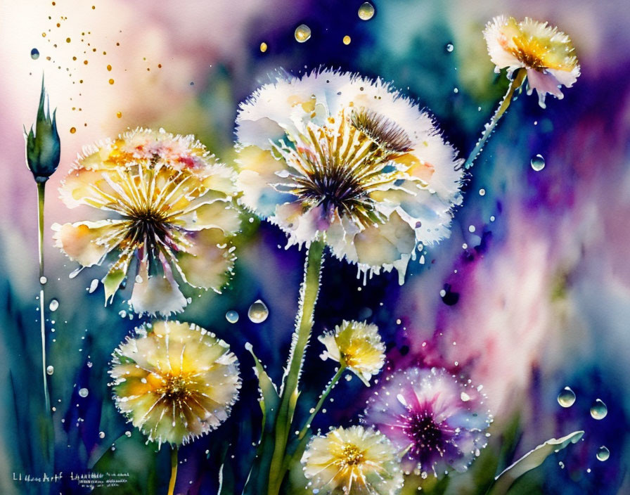 Vivid watercolor painting of delicate dandelions with droplets on yellow and white hues against purple