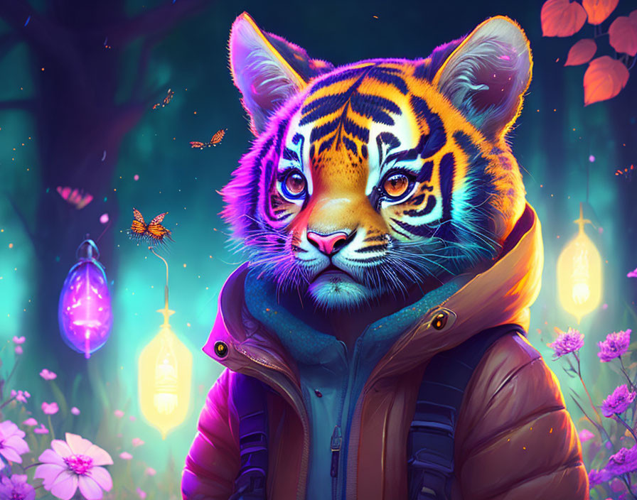 Digital artwork: Tiger with human-like features in magical forest with butterflies and lanterns