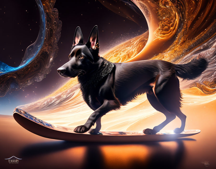 German Shepherd on surfboard in cosmic backdrop