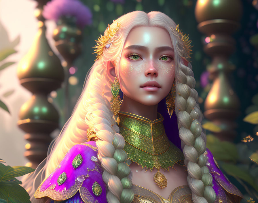 Digital artwork featuring female with golden hair and gold jewelry in purple and gold outfit against greenery and statues