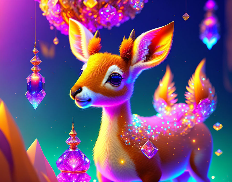 Colorful whimsical fawn surrounded by glowing crystals in neon-lit scene