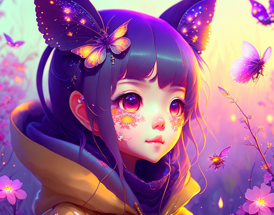 Vibrant fantasy girl digital art with butterfly theme