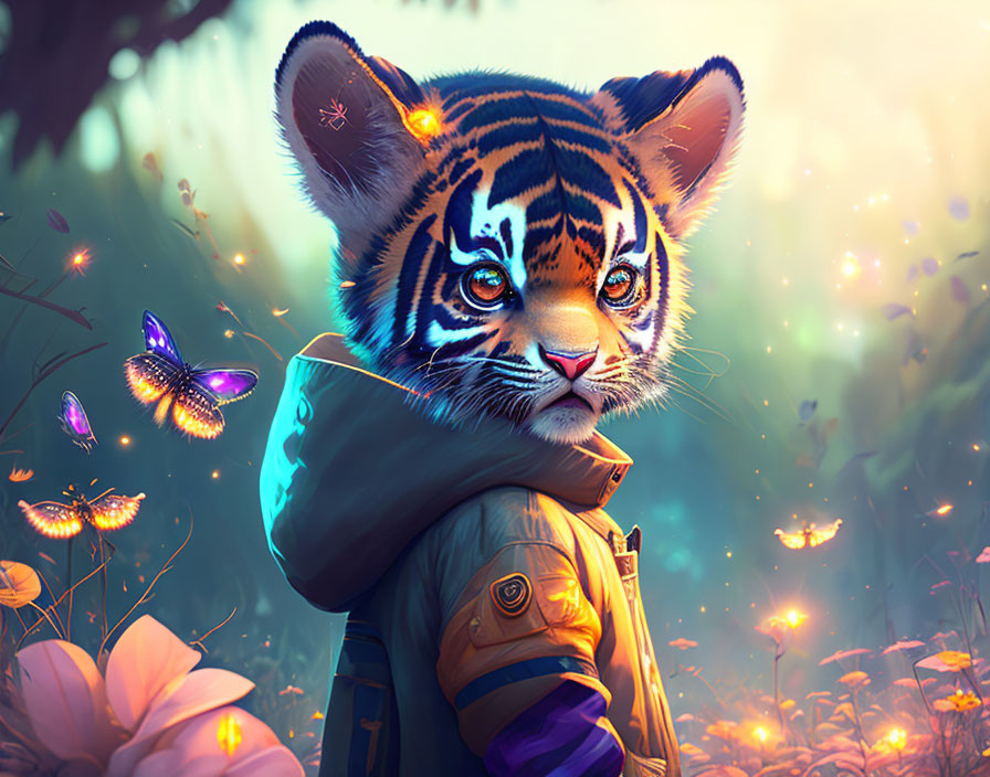 Tiger Cub with Human-Like Features in Mystical Forest