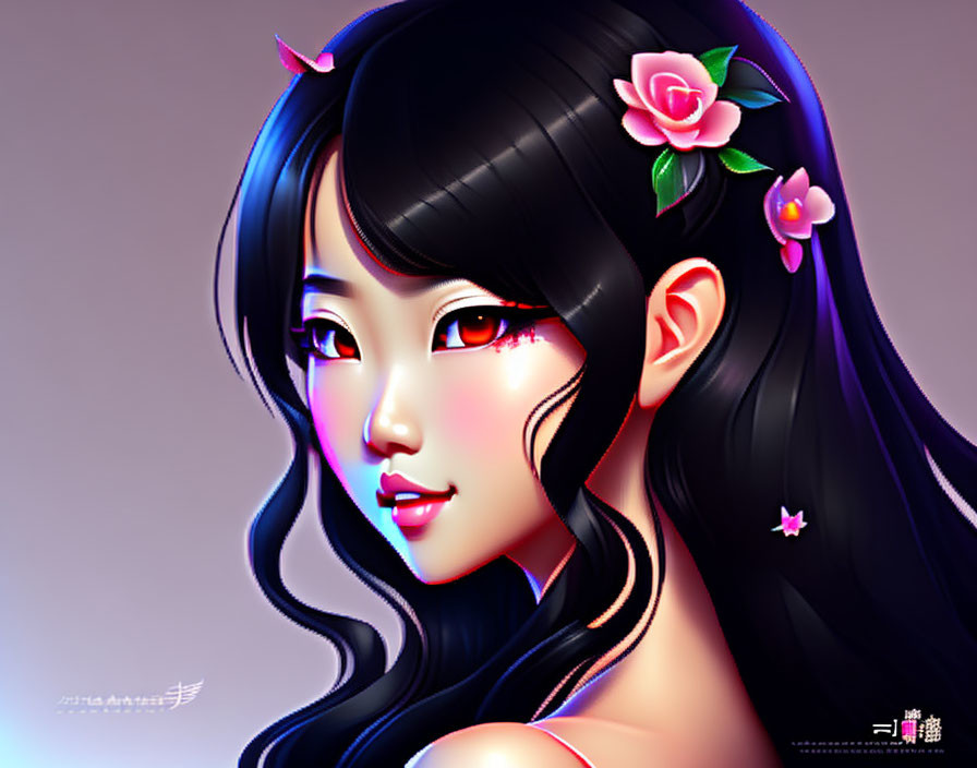 Woman with Long Black Hair and Pink Flowers in Digital Art