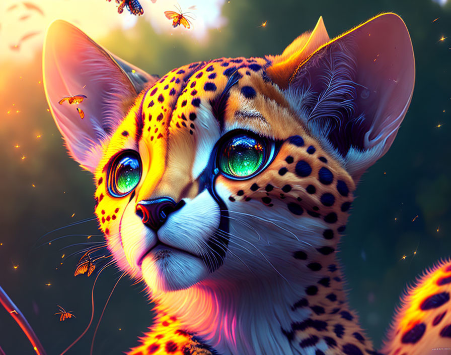 Digital artwork: Luminescent serval with fireflies in warm bokeh-lit setting