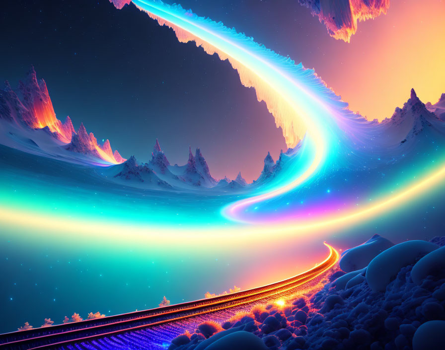 Colorful digital artwork of futuristic train track under luminous aurora