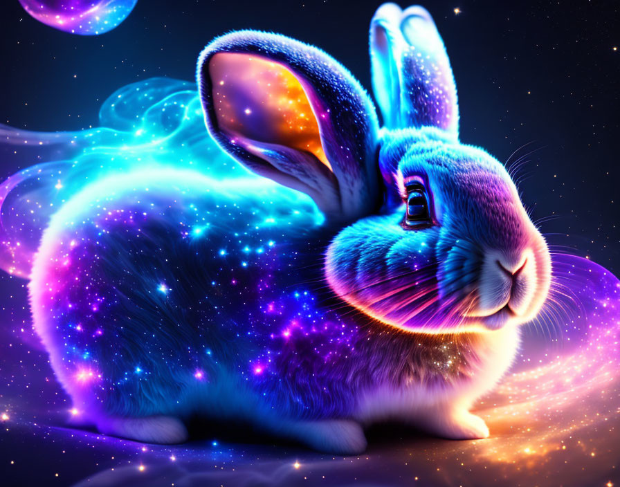 Colorful cosmic rabbit digital artwork on dark blue space background