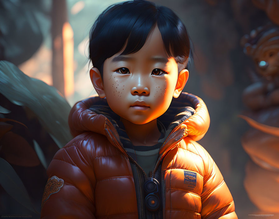 Young Child with Dark Hair in Orange Puffer Jacket Portrait