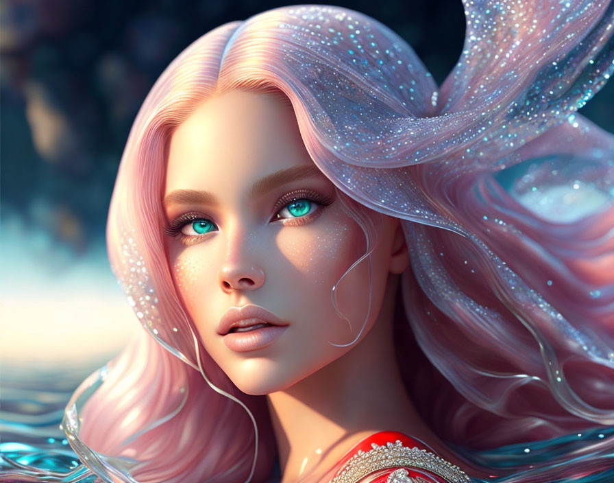 Sparkling Pink Hair & Blue Eyes Submerged in Water