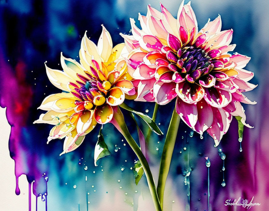 Colorful flowers with water droplets on artistic blue and purple backdrop